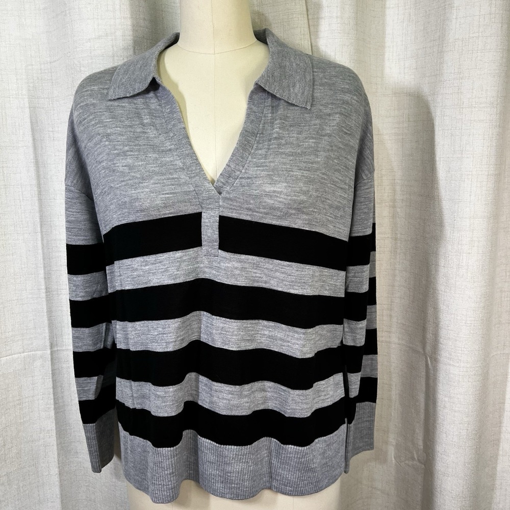 NEW! Talbots Merino Wool Johnny Collar Grey Black Stripe Pullover Sweater Large